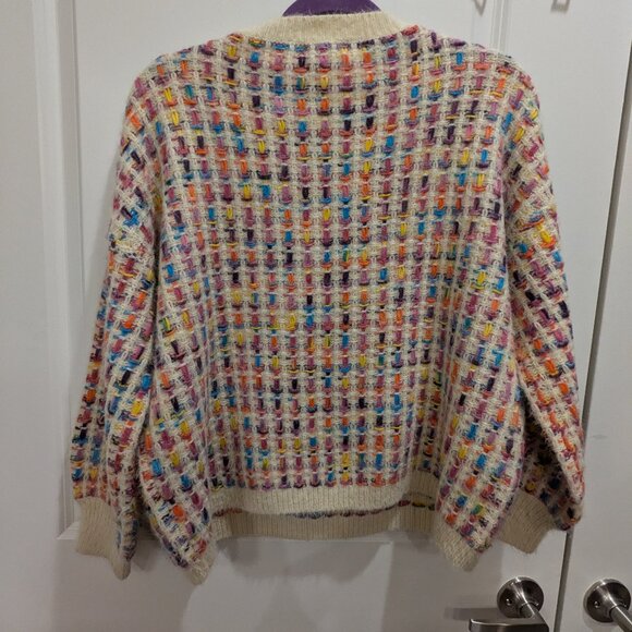 Chunky Knit Pullover Sweater Rainbow Checkered Fuzzy SZ Small - Picture 5 of 9